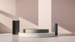 © GridsAndTiles - display products abstract modern scene with geometric 3d podium platform bold background 3d rendering with podium stand for cosmetics products Stage showcase on pedestal studio Generative AI