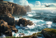 A Cliffside Overlooking The Ocean, With Seabirds Soaring Overhead And The Sound Of Waves Crashing On The Rocks Below
