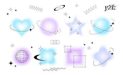 Aufkleber - Set of vector blurry figures and shapes with retro Y2K frames with stars and square technological borders.