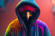 Flamingo in a scratchy hoody surrounded by a vivid color bomb explosion background, ultra-realistic rendering, ideal for colorful wall art, home décor, and gifts for animal lovers. Generative AI