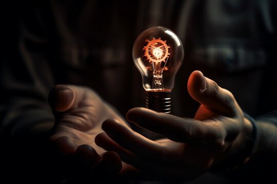 Innovative technology and idea concept. imagination.Businessman hand holding glowing light bulb with mechanical gear. generative AI