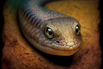 Wall Mural - Head of moray eel with bulging eyes lying on ocean floor on sand, created with generative ai