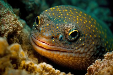 Wall Mural - Head of moray eel with bulging eyes lying on ocean floor on sand, created with generative ai