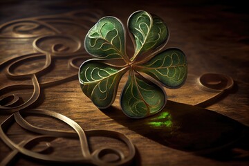 Poster - delicate nature symbol in form of four-leaf green clover lying on table, created with generative ai