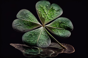 Poster - four-leaf green clover with white edging on dark background side view, created with generative ai