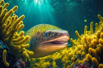 Sticker - Dangerous sea moray eel floats in clear water in rays of sun, created with generative ai