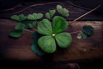 Wall Mural - four-leaf green clover lying on table in thicket of greenery, created with generative ai