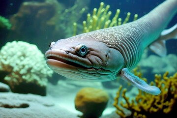 Wall Mural - Gray moray eel with bulging eyes floats on sandy bottom of ocean, created with generative ai