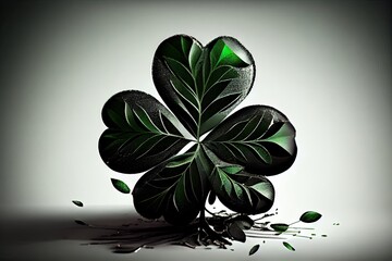 Poster - dark four-leaf green clover with shiny leaves on light background, created with generative ai