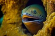 Moray eel looks out for its prey by sticking its head out of underwater mink, created with generative ai