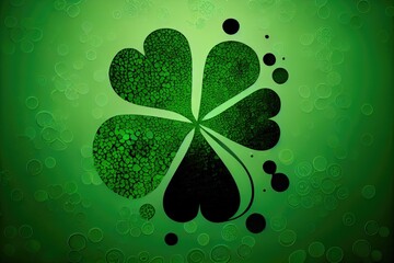 Wall Mural - four-leaf green clover on green background with circles and dots, created with generative ai