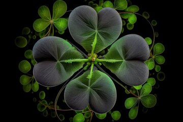 Poster - coating of round four-leaf green clover on dark background, created with generative ai