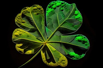 Poster - leaf made of green plastic with yellow four-leaf green clover, created with generative ai