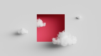 Wall Mural - 3d render, abstract fantasy background. Flying realistic clouds. Red square hole on the white wall. Minimalist geometric wallpaper