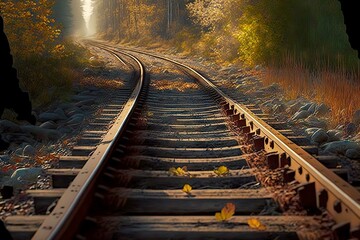 Wall Mural - Path through misty forest railways extending into distance, created with generative ai