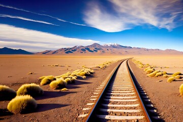 Sticker - Delivery of goods by rail against background of prairies and mountains railways extending into distance, created with generative ai