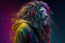 Lion With Dreadlocks And A Scratchy Hoody Surrounded By A Vivid Color Bomb Explosion Background, Ultra-realistic Rendering, Ideal For Colorful Wall Art, Home Décor, Animal Lovers. Generative AI
