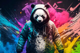 Fototapeta Dziecięca - Panda in a scratchy hoody surrounded by a vivid color bomb explosion background, ultra-realistic rendering, ideal for colorful wall art, home décor, and gifts for animal lovers. Generative AI