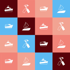 Sticker - Set pop art Speedboat, Crossed oars or paddles, and Yacht sailboat icon. Vector