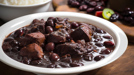 Wall Mural - Brazilian traditional feijoada with black beans, pork, rice, cassava and orange. top view over wooden table. generative ai