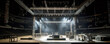 © killykoon - A Live stage production being built in an arena, stadium class live venue. Stage rigging equipment, lighting trusses, and PA systems being carried in. Generative AI.