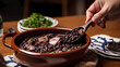 giving a spoonful of feijoada. traditional Brazilian food with black beans, rice, and pork. generative ai