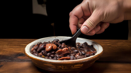 giving a spoonful of feijoada. traditional Brazilian food with black beans, rice, and pork. generative ai