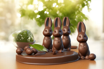 Group of rabbits in chocolate easter 2023 with beautiful green background