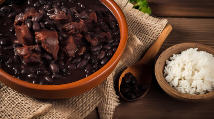 Wall Mural - Brazilian traditional feijoada with black beans, pork, rice, cassava and orange. top view over wooden table. generative ai