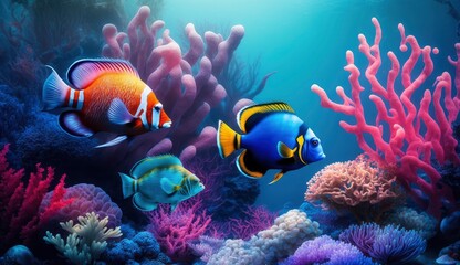 Animals of the underwater sea world. Ecosystem. Colorful tropical fish. Life in the coral reef. (ai generated)