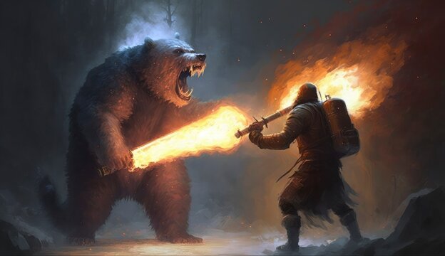 illustration painting of a man with a flamethrower fighting with a demon bear, digital art style. (ai generated)