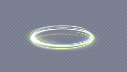 Abstract neon gold ring with a green tint. A bright plume of luminous rays swirling in a fast spiraling motion. Light golden swirl. Curve gold line light effect. Vector