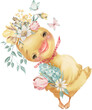 Adorable duckling, duck with flowers bouquet, farm animal.