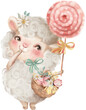 Adorable sheep with lollipop, candy and basket with flowers, farm animal.