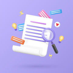 Poster - Research application elements. Finding information with magnifying glass. Online library. Paper document study. 3D internet doc signs. Business marketing database. Vector content render