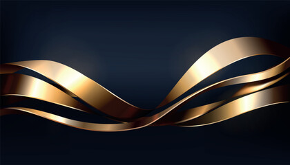Poster - 3D flowing metal shapes. Glossy waves. Dynamic curved lines. Decorative gold twist. Motion fluid with metallic gilt tapes. Business presentation. Luxury background. Vector realistic banner