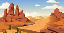 Tourists In Desert Lands. Wilderness Landscape. Hot African Trail Road. Vehicle On America Path Way. Car Driving On Highway. Dry Mountains. Dry Drought Climate. Vector Cartoon Illustration
