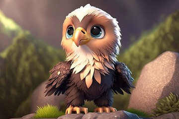 Cute Cartoon Bald Eagle in the Woods (Generative AI)