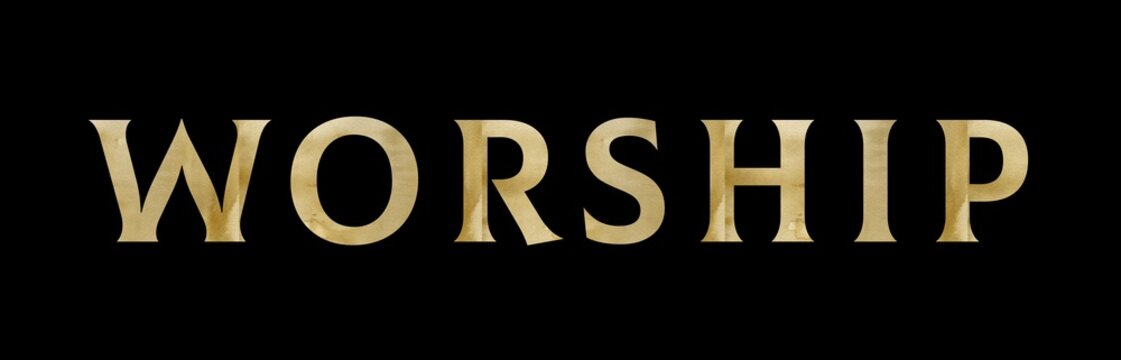 Elegant font. Text of the word worship with a golden texture on a black background; Christian design for prints, stickers or more