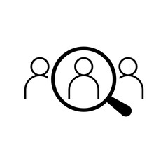 Find a person, user, account. Vector graphic icon with a magnifying glass (loupe) and three human icons.