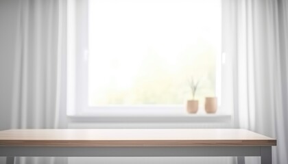 Wall Mural - Wooden table with copy space and window background with curtains. Generative ai