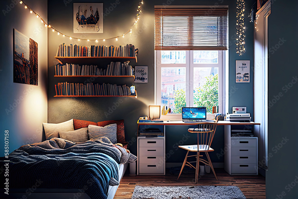 Cozy youth dorm room with typical decoration and furniture as digital ...