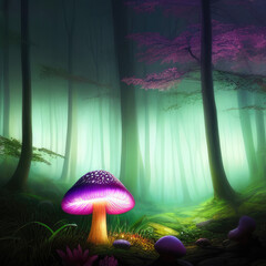 Wall Mural - A glowing mushroom in a dark forest, concept art illustration wallpaper