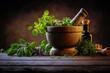 mortar and pestle with herbs