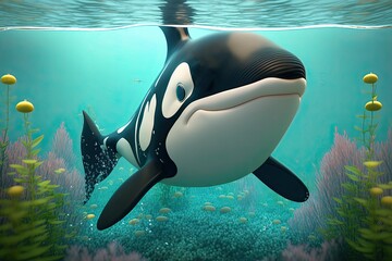 Sticker - Cute Cartoon Killer Whale Character Underwater in the Ocean (Generative AI)