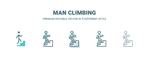 man climbing icon in 5 different style. outline, filled, two color, thin man climbing icon isolated 