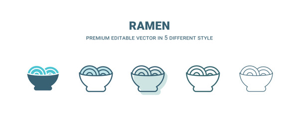 Wall Mural - ramen icon in 5 different style. Outline, filled, two color, thin ramen icon isolated on white background. Editable vector can be used web and mobile