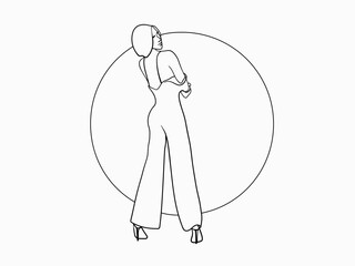 Wall Mural - Fashion beauty girl in circle. Сontour silhouette of a girl on a white background. Line art vector illustration