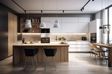 Wall Mural - 3D rendering modern kitchen, with luxury furniture, beautiful light, color scheme, concept, generative AI