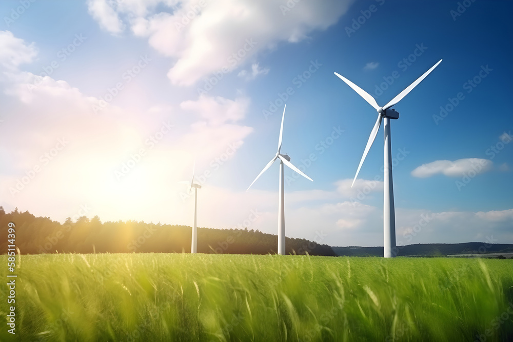 Solar panels and wind turbines in grassy field with sunlight ...